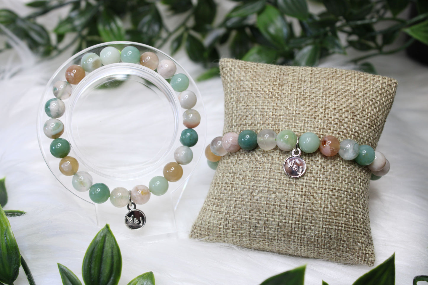 8mm GREEN FLOWER AGATE BRACELET